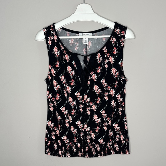 White House Black Market Tops - White House Black Market Black and Pink Floral Sleeveless Blouse With Front Tie